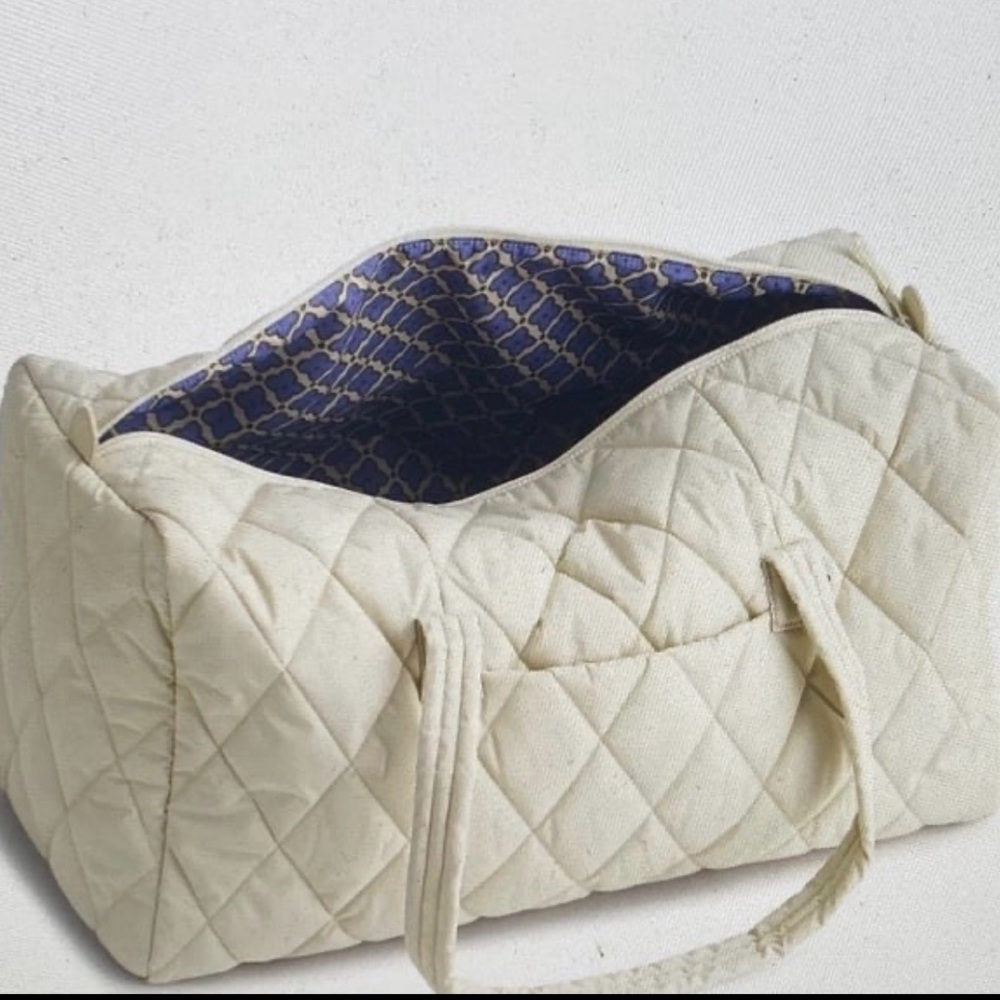 Vera Bradley Cream Quilted Tote with Navy Printed Lining